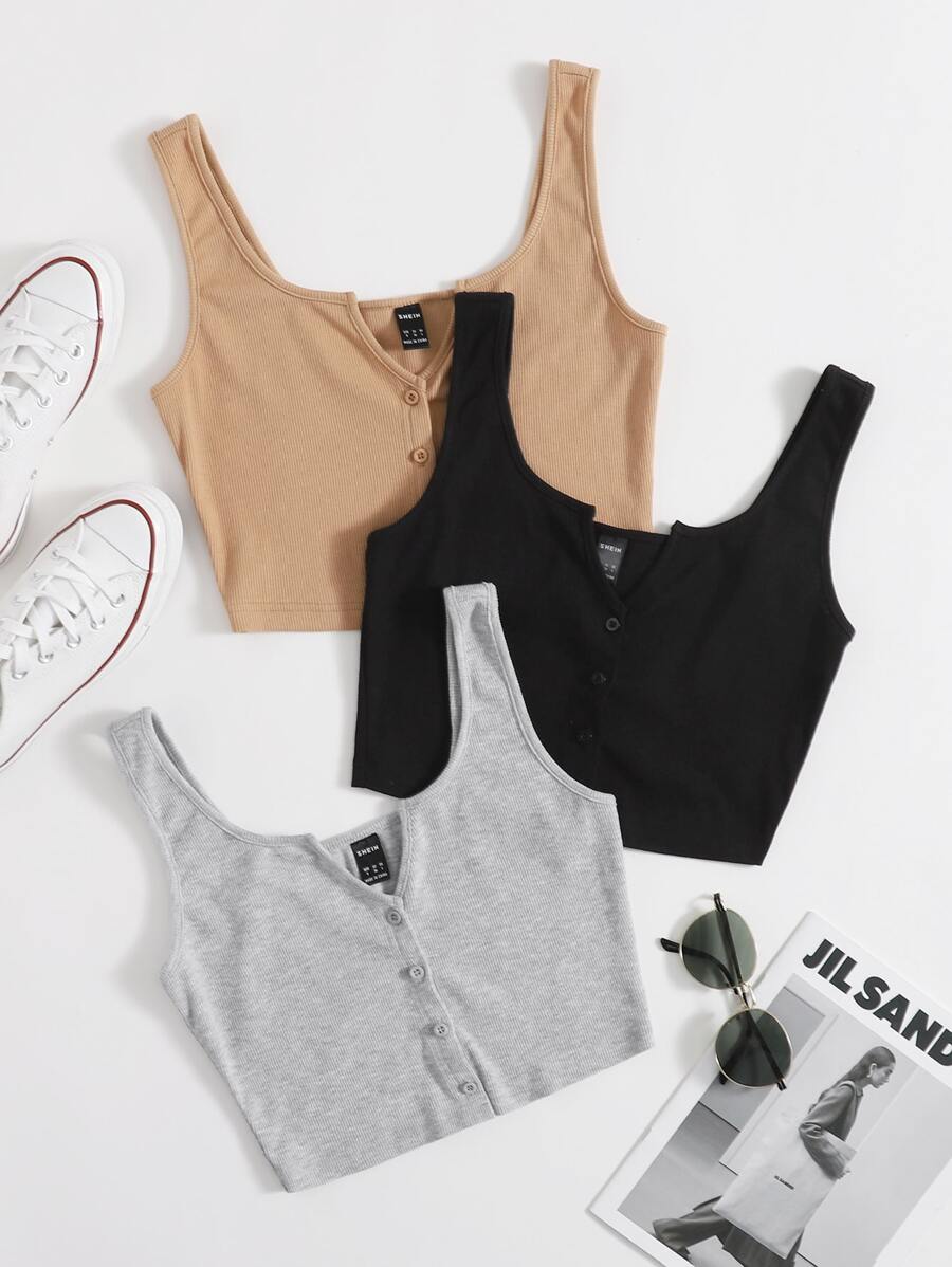 SHEIN EZwear Áo hai dây Nút phía trước màu trơn Giải trí - Nhiều màu - Xem 1