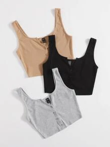 SHEIN EZwear Áo hai dây Nút phía trước màu trơn Giải trí - Nhiều màu - Xem 3