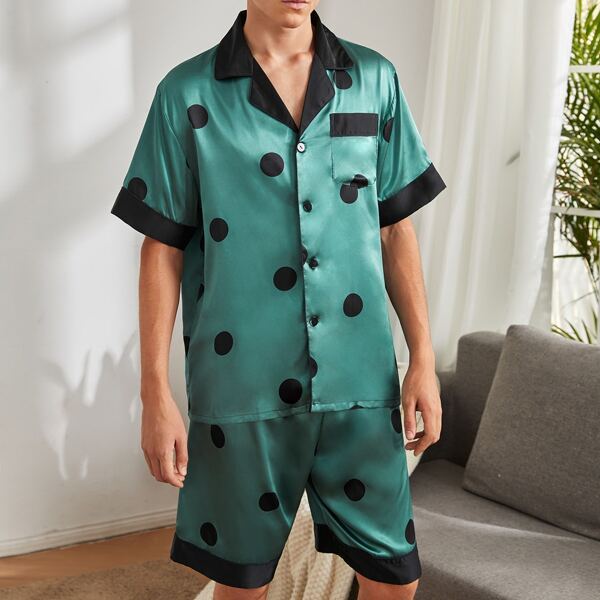 

Men Polka Dot Button Front PJ Set, Green