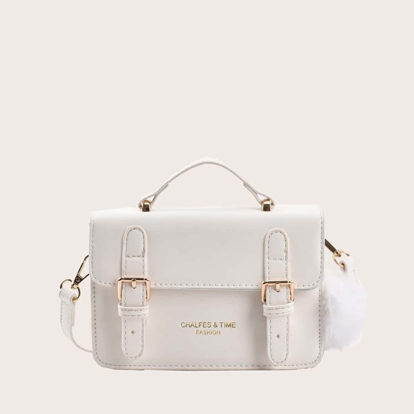 

Pom Pom Decor Letter Graphic Satchel Bag, White