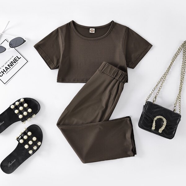 

Toddler Girls Solid Crop Tee With Sweatpants, Chocolate brown