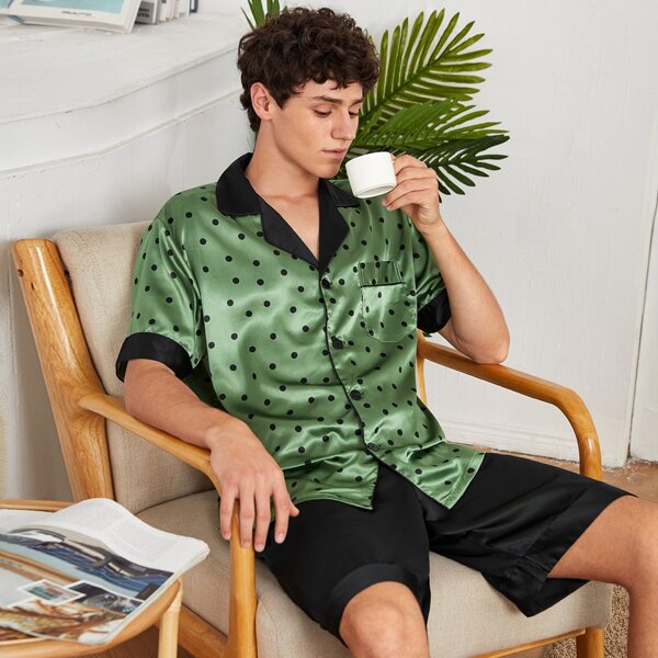 

Men Polka Dot Button Front PJ Set, Multicolor