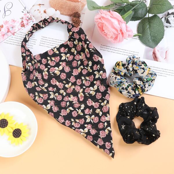 

Toddler Girls Flower Print Hair Band & 2pcs Scrunchie, Multicolor
