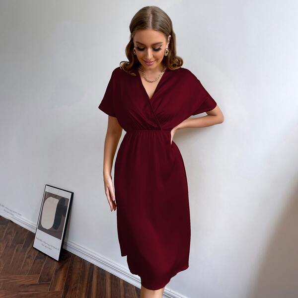 

Batwing Sleeve Wrap Detail Dress, Burgundy