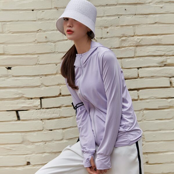 

Patched Thumb Hole Hooded Jacket, Mauve purple