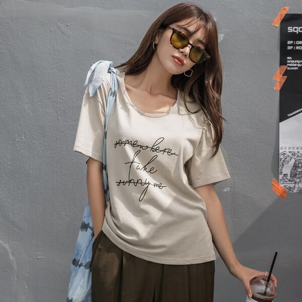

Slogan Graphic Drop Shoulder Tee, Beige