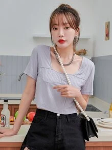 DAZY Square Neck Rib-knit Crop Tee - Grey - View 1