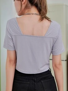 DAZY Square Neck Rib-knit Crop Tee - Grey - View 2