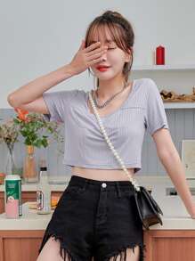 DAZY Square Neck Rib-knit Crop Tee - Grey - View 3