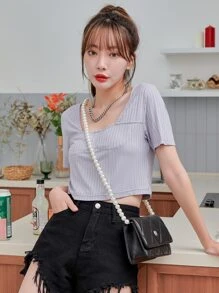 DAZY Square Neck Rib-knit Crop Tee - Grey - View 4