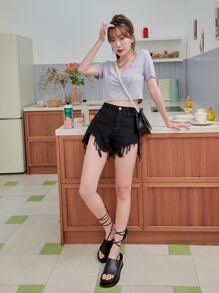 DAZY Square Neck Rib-knit Crop Tee - Grey - View 5