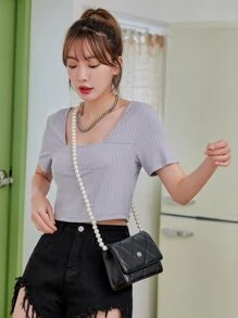 DAZY Square Neck Rib-knit Crop Tee - Grey - View 6