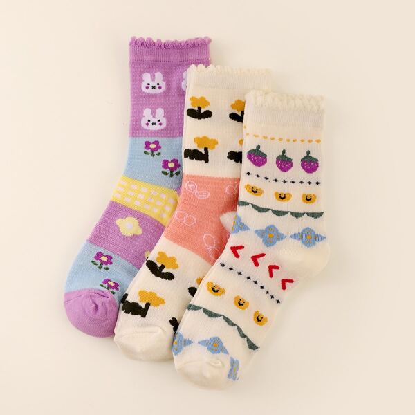 

3pairs Flower Print Crew Socks, Multicolor