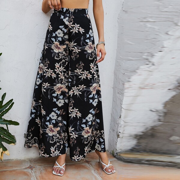 

Floral Print Wide Leg Pants, Black