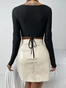 Chiquease Áo nữ Hội Chữ thập Cắt ra Xù Buộc lại màu trơn Gợi cảm - màu đen - Xem 2