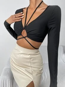 Chiquease Áo nữ Hội Chữ thập Cắt ra Xù Buộc lại màu trơn Gợi cảm - màu đen - Xem 6