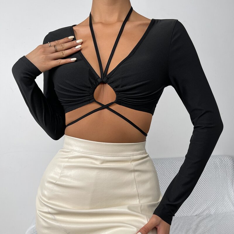 

Ruched Crisscross Tie Back Crop Tee, Black