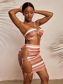 SHEIN Striped Crop Cami Top & Bodycon Skirt - Multicolor - View 3
