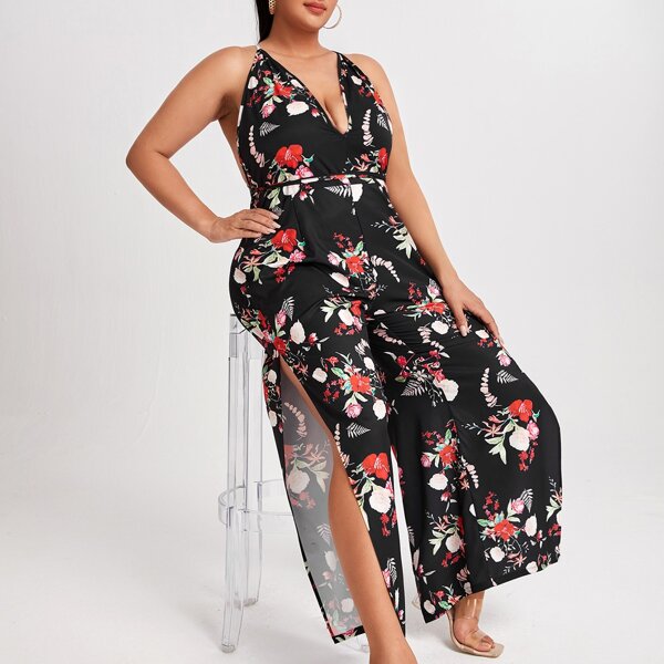 

Plus Floral Print Split Thigh Backless Cami Jumpsuit, Black