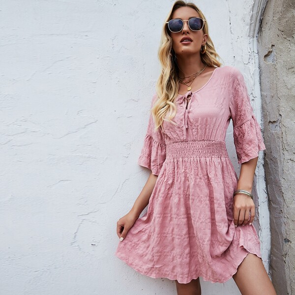 

Tie Neck Flounce Sleeve Shirred Waist Textured Dress, Dusty pink