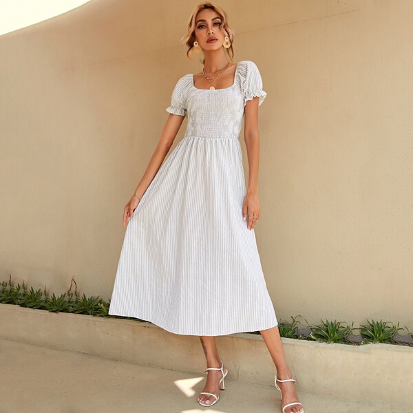 

Striped Shirred Bodice Puff Sleeve Dress, White