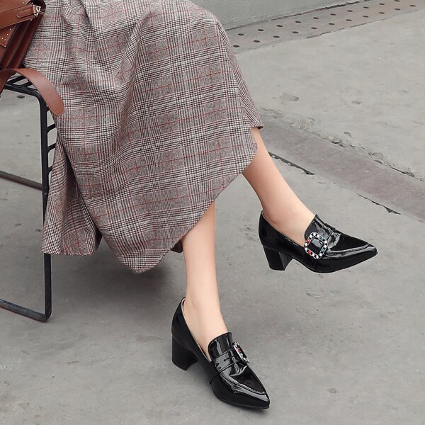 

Rhinestone & Buckle Decor Chunky Heeled Loafers, Black