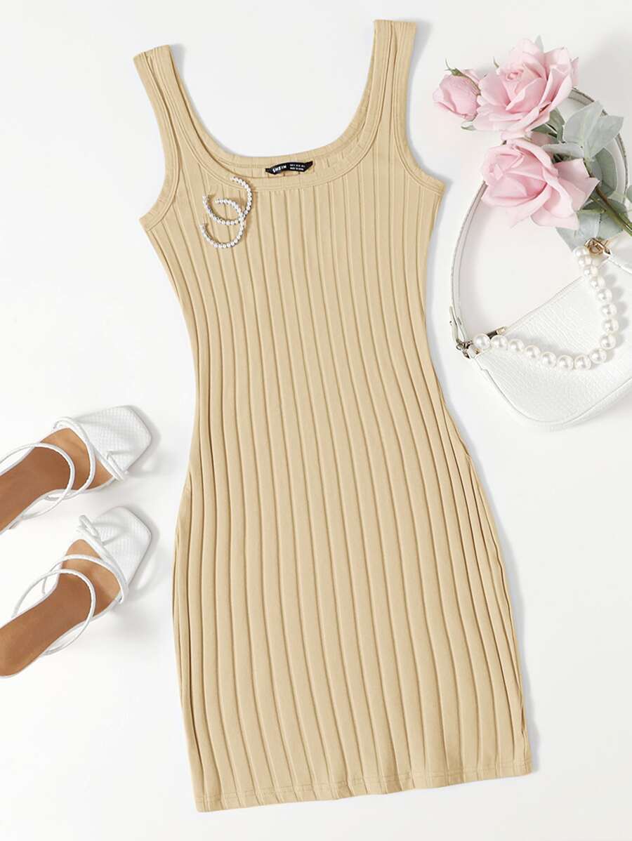 SHEIN Privé Rib-knit Bodycon Dress - Apricot - View 1