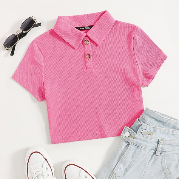 

Button Half Placket Polo Shirt, Hot pink