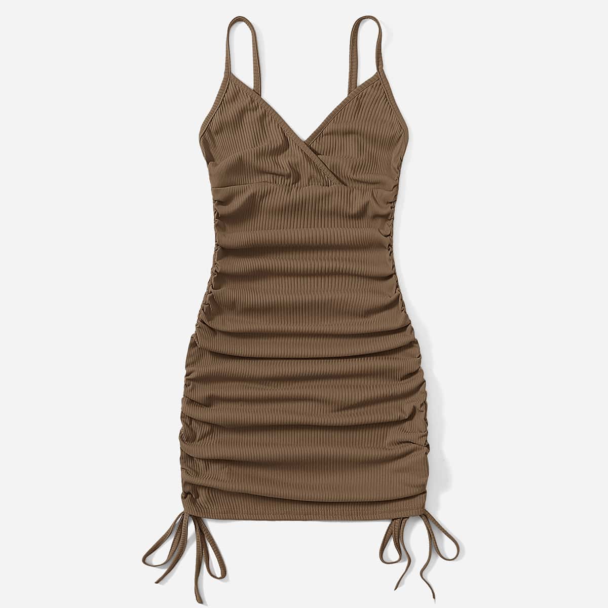 

Drawstring Ruched Bodycon Dress, Mocha brown