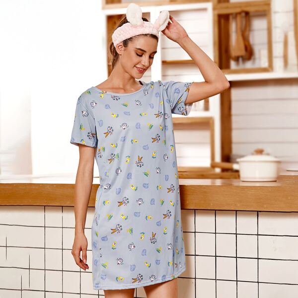 

Cartoon Graphic Print Night Dress, Dusty blue