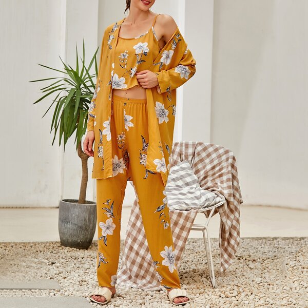 

Floral Print Cami Top & Pants With Robe PJ Set, Yellow