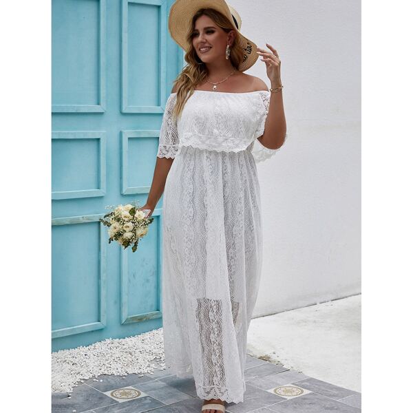 

Plus Lace Flounce Trim Bardot Dress, White