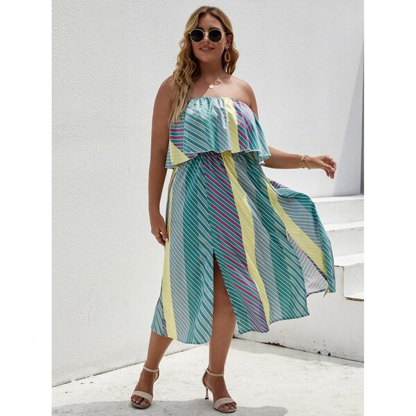 

Plus Striped Flounce Trim Bandeau Dress, Multicolor