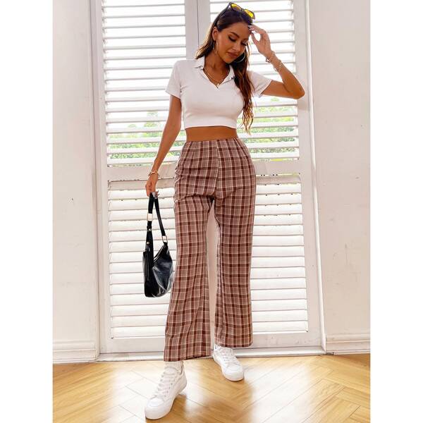 

Plaid Flare Leg Pants, Brown