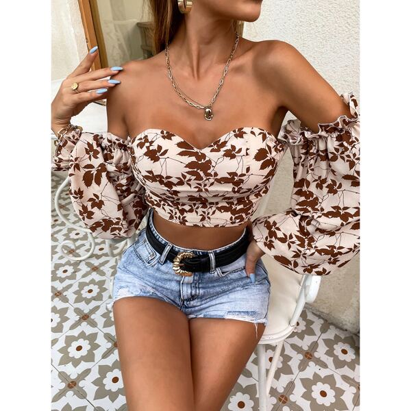 

Leaf Print Off Shoulder Crop Top, Multicolor