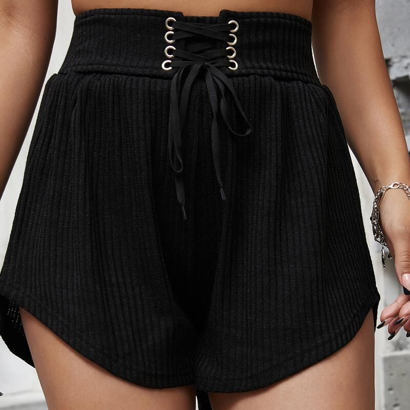 

Solid Lace Up Rib-Knit Shorts, Black
