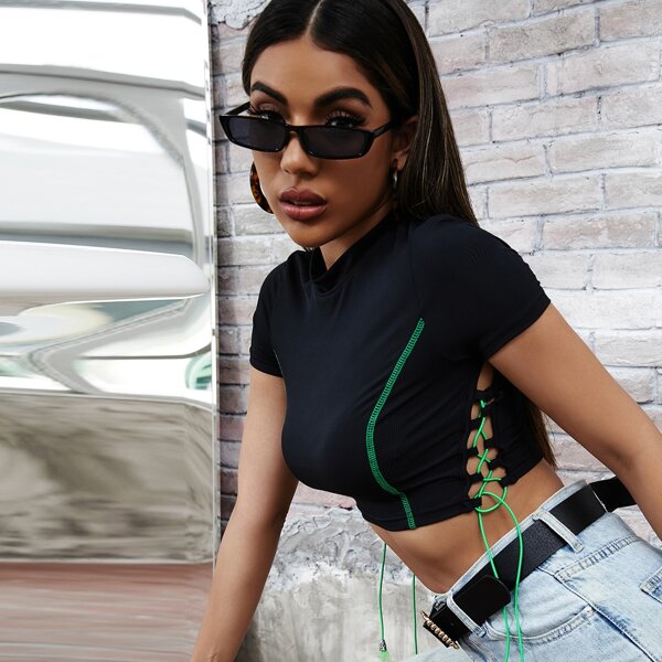 

Lace Up Stitch Trim Crop Tee, Black