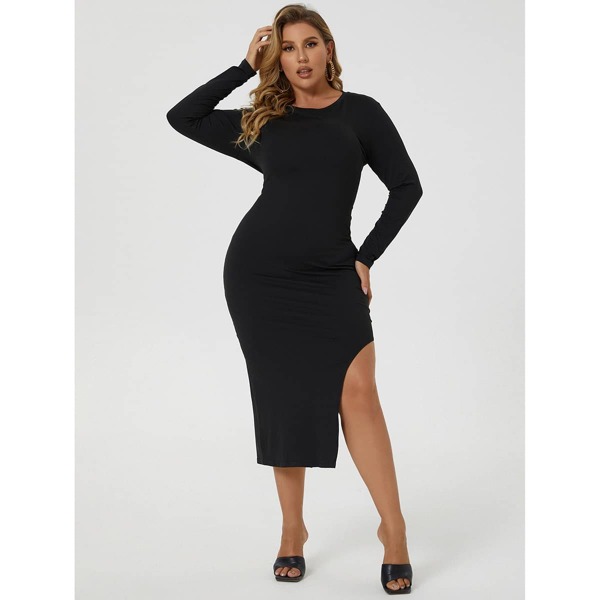 

Plus Solid Side Split Bodycon Dress, Black