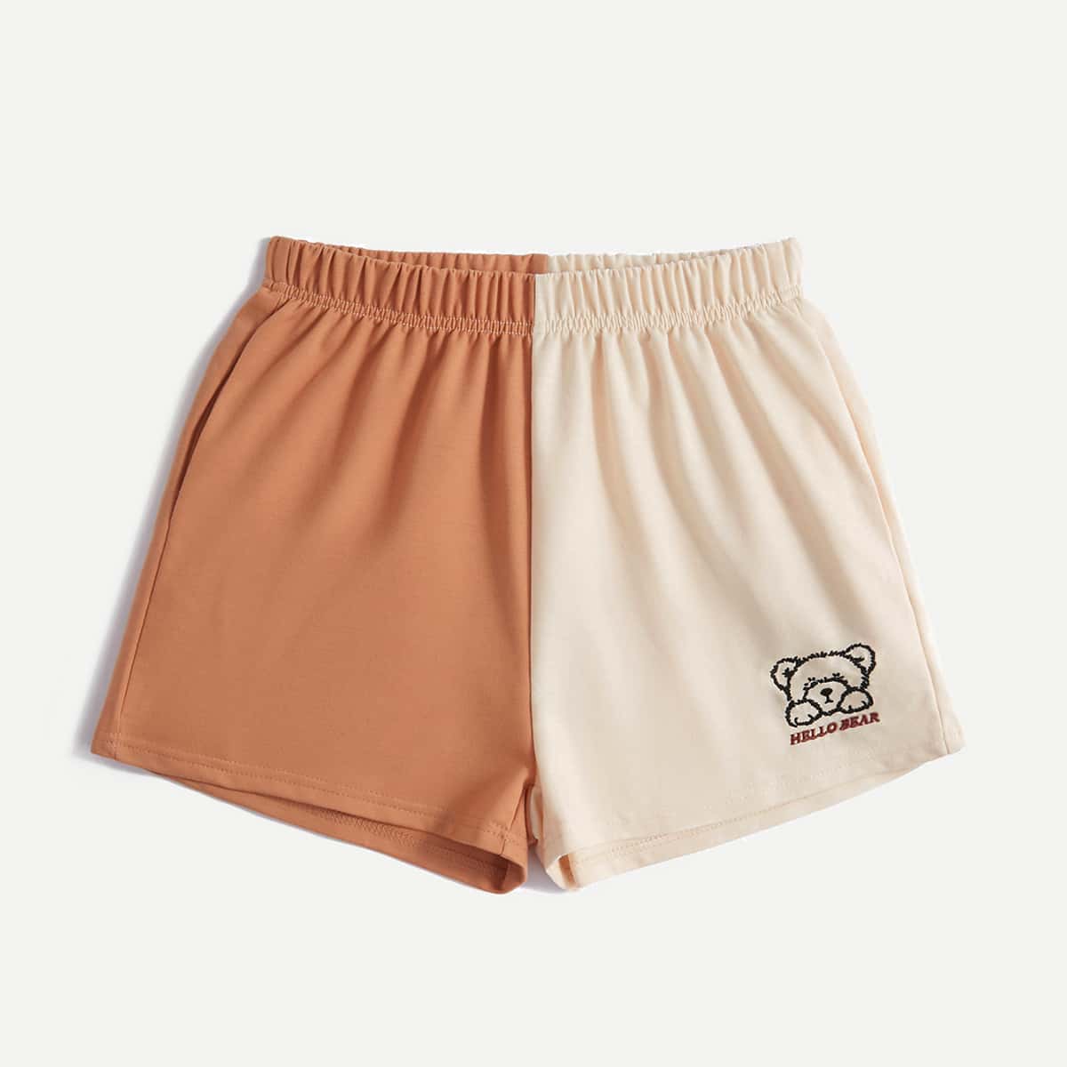 

Letter Cartoon Bear Embroidery Colorblock Shorts, Multicolor