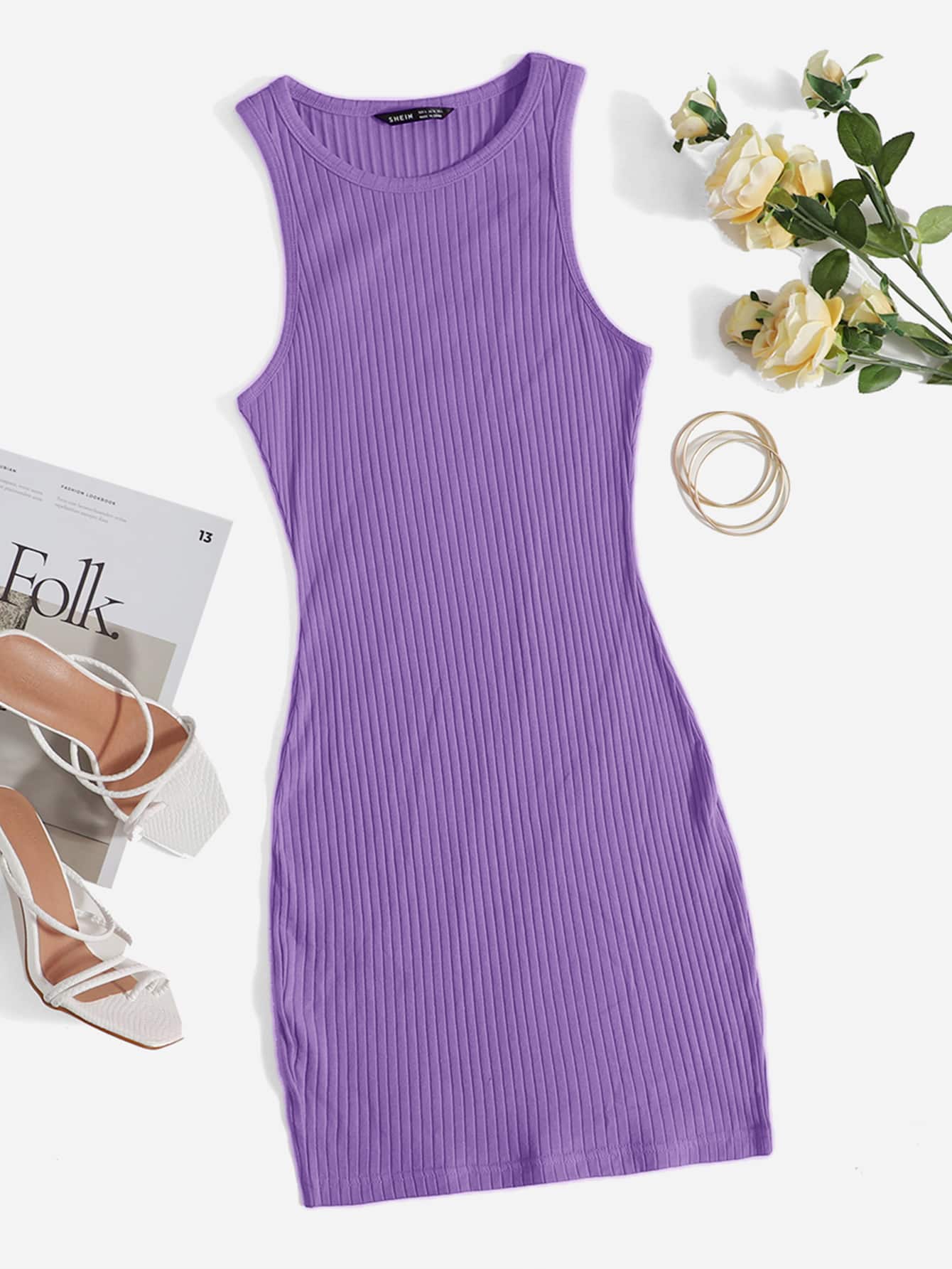 SHEIN Essnce Vestido ajustado tejido de canalé - Morado Violeta - Ver 1
