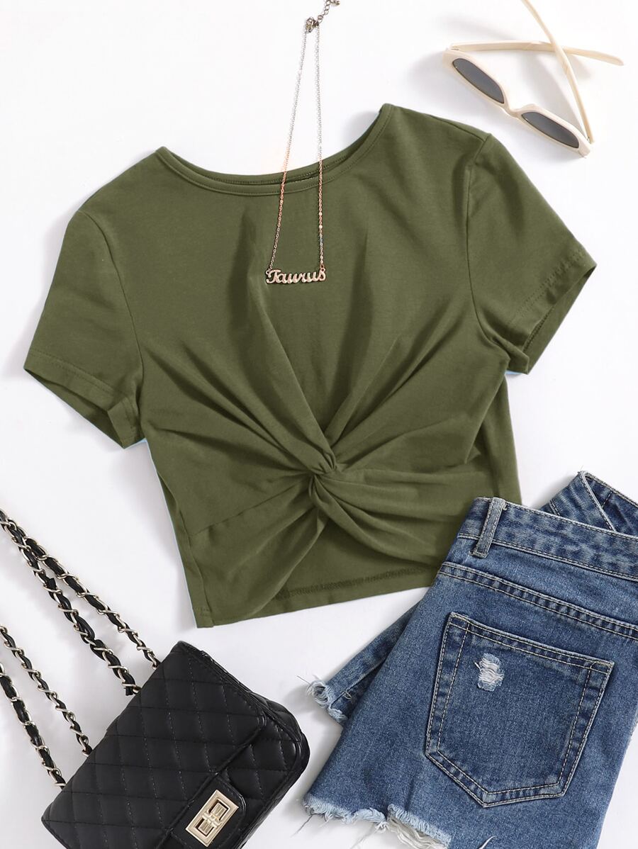 SHEIN EZwear Twist Hem Solid Tee - Army Green - View 1
