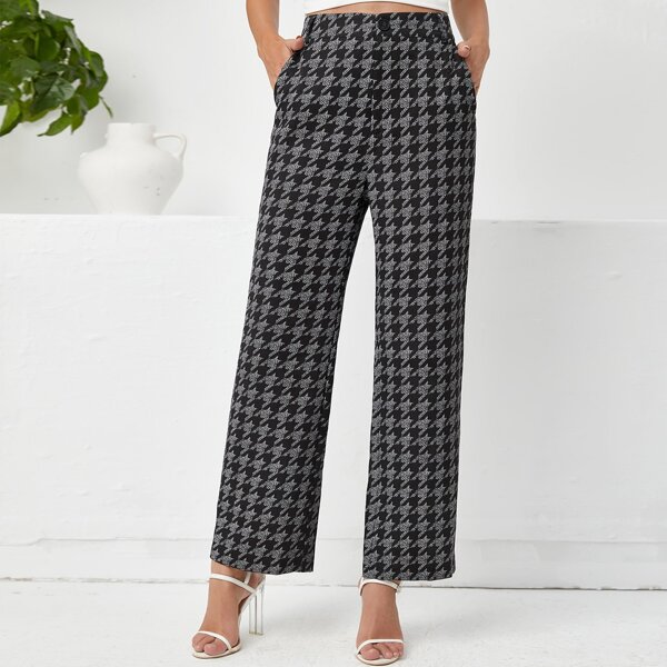 

High Waist Houndstooth Straight Leg Pants, Multicolor