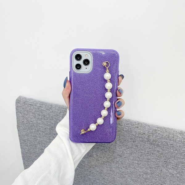 

Glitter Phone Case With Faux Pearl Hand Strap, Purple