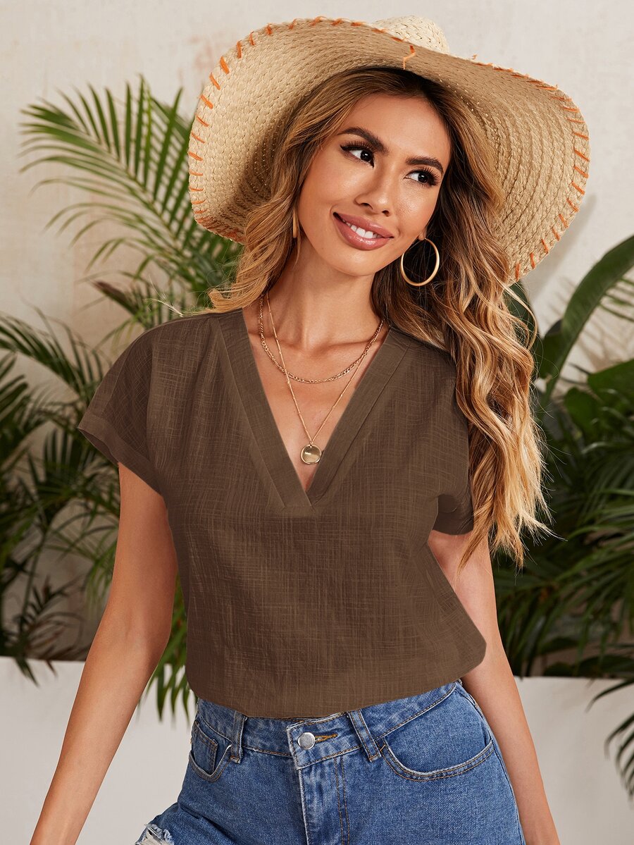 SHEIN LUNE Top unicolor de manga murciélago - Marrón Mocha - Ver 1