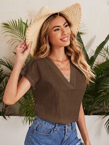 SHEIN LUNE Top unicolor de manga murciélago - Marrón Mocha - Ver 5