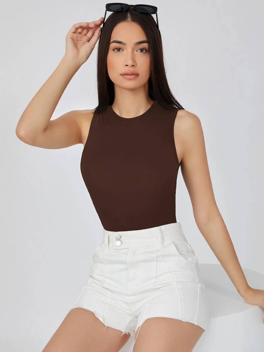 SHEIN BASICS Solid Form Fitted Tank Bodysuit - Chocolate Brown - View 1