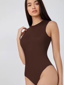 SHEIN BASICS Solid Form Fitted Tank Bodysuit - Chocolate Brown - View 3