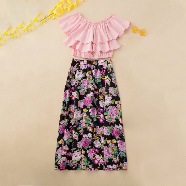 

1pc Layered Ruffle Top & 1pc Floral Print Skirt, Multicolor