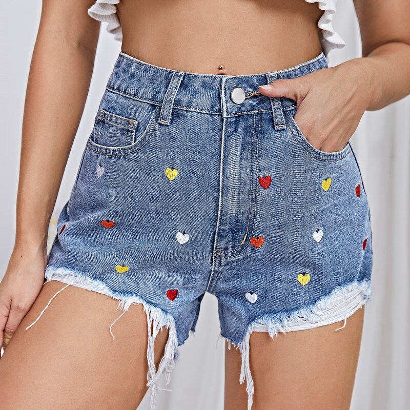 

Raw Hem Heart Embroidered Denim Shorts, Medium wash