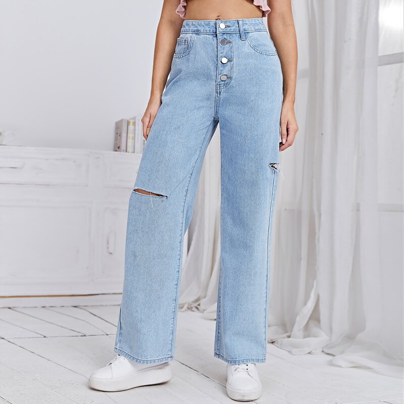 

Button Fly Ripped Jeans, Light wash